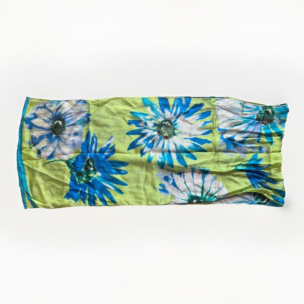 Ellen Tracy Scarf 100% Silk Blue Green Floral Flowers Spring Watercolor 11x52 - Picture 2 of 6